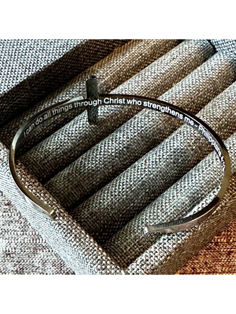 Cross Cuff Bracelet Stainless Steel Hematite Finish Philippians 4:13 Scripture - Picture 3 of 4